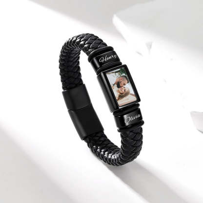 Personalized Name & Photo Braided Leather Bracelet Men Black