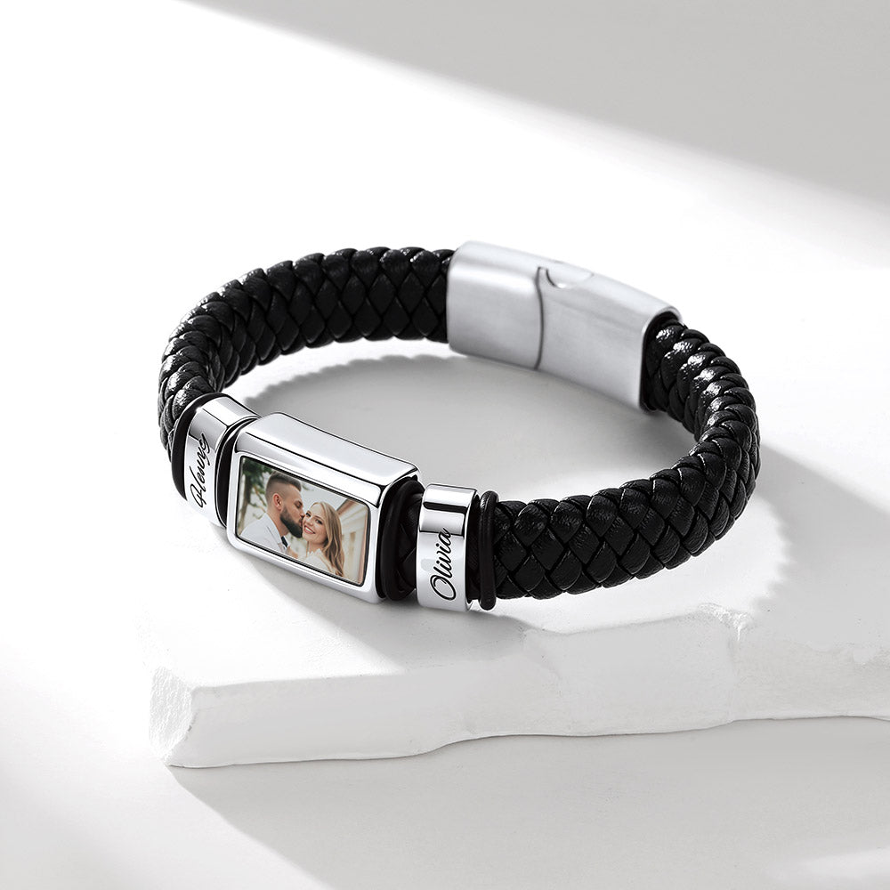Personalized Name & Photo Braided Leather Bracelet Men