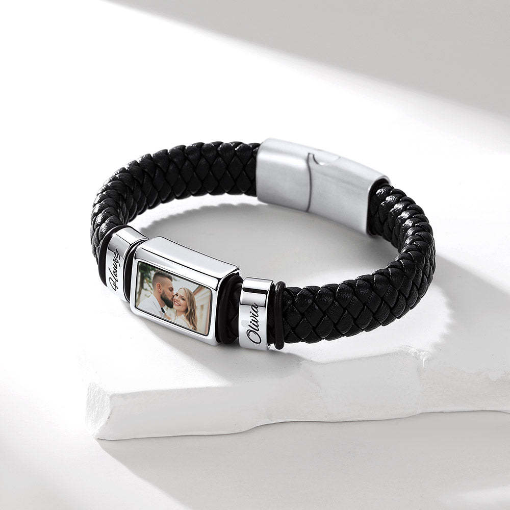 Personalized Name & Photo Braided Leather Bracelet Men