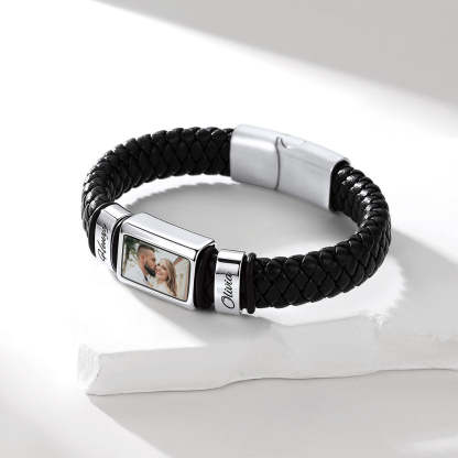 Personalized Name & Photo Braided Leather Bracelet Men