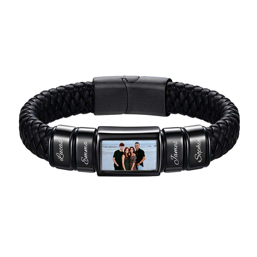 Personalized Name & Photo Braided Leather Bracelet Men