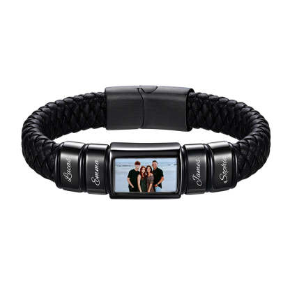 Personalized Name & Photo Braided Leather Bracelet Men