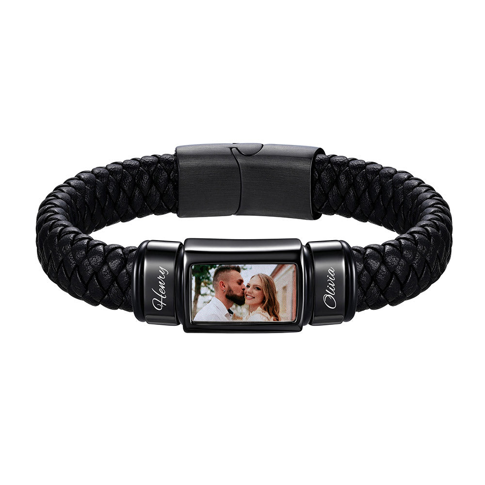 Personalized Name & Photo Braided Leather Bracelet Men