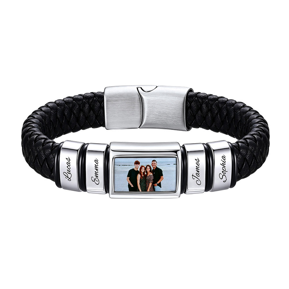 Personalized 4 Names Photo Braided Leather Bracelet Men Black