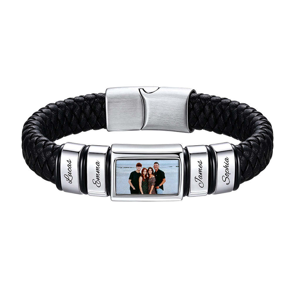 Personalized 4 Names Photo Braided Leather Bracelet Men Black