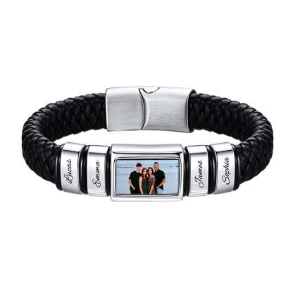 Personalized 4 Names Photo Braided Leather Bracelet Men Black