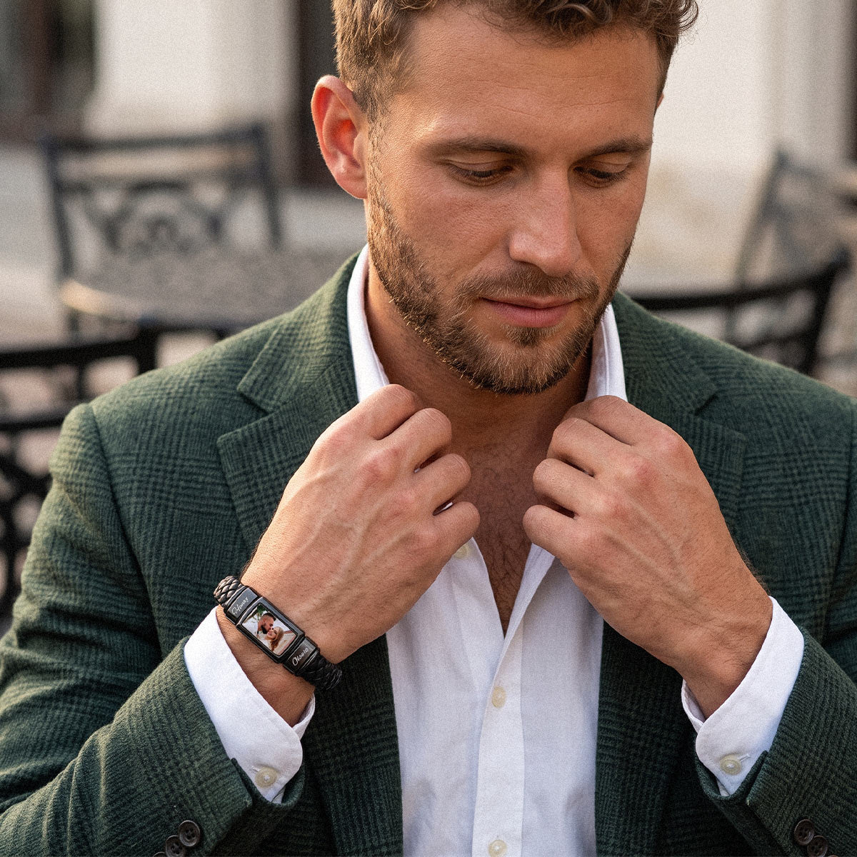 Personalized Name & Photo Braided Leather Bracelet for Men