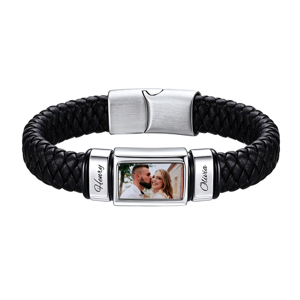 Personalized Name Photo Braided Leather Bracelet Men