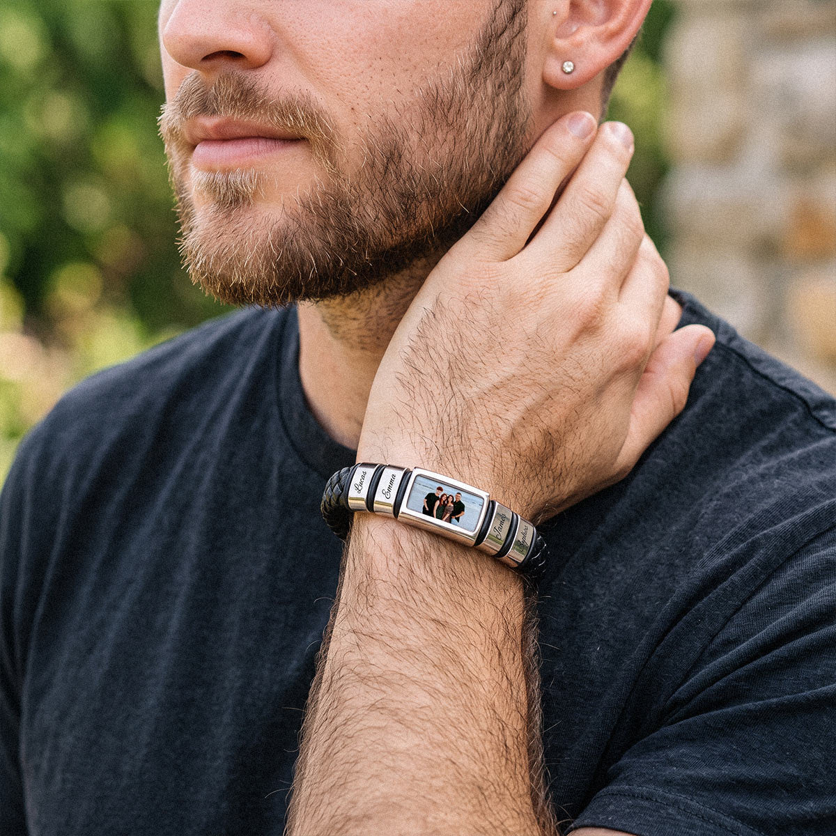 Custom Name & Photo Braided Leather Bracelet Men