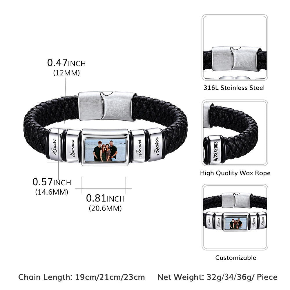 Personalized Name & Photo Braided Leather Bracelet Men Size