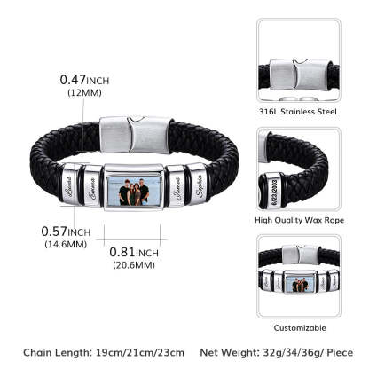Personalized Name & Photo Braided Leather Bracelet Men Size