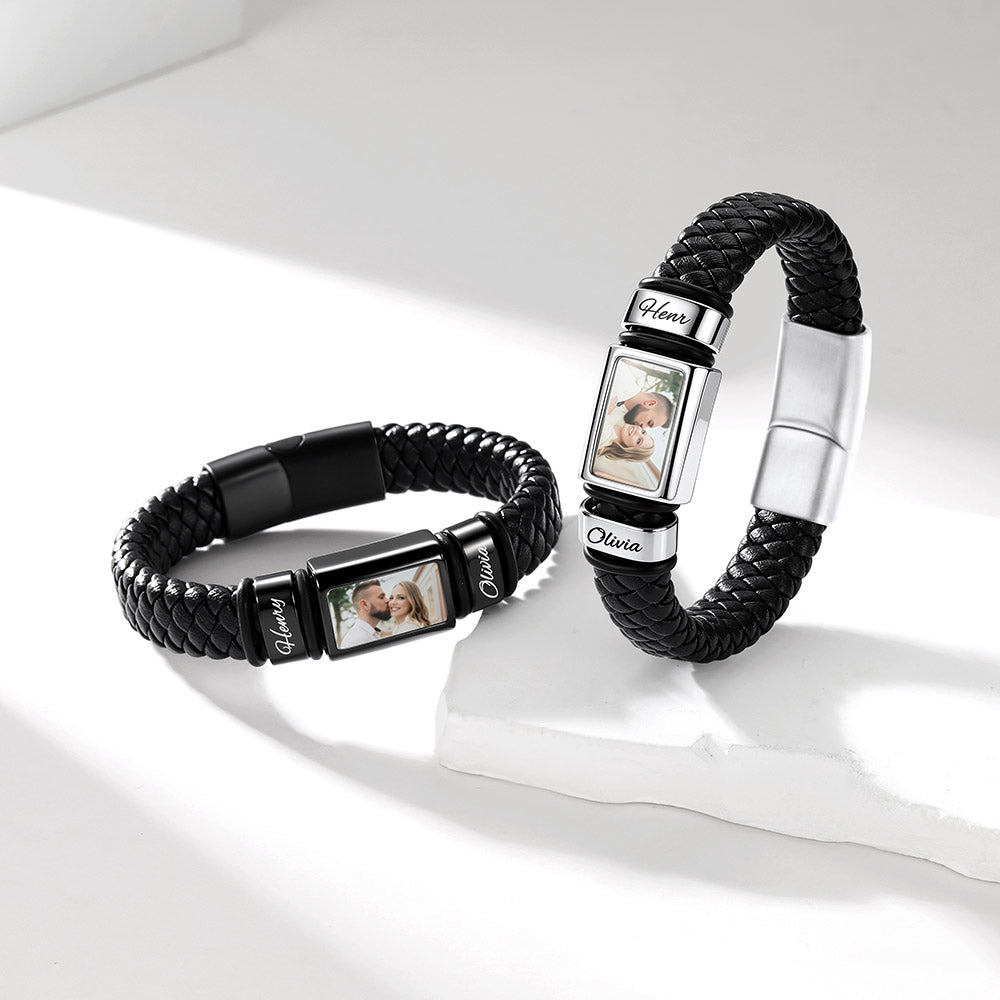 Personalized Name & Photo Braided Leather Bracelet Gift for Husband