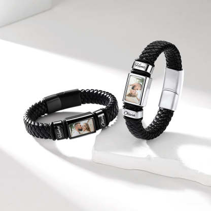 Personalized Name & Photo Braided Leather Bracelet Gift for Husband