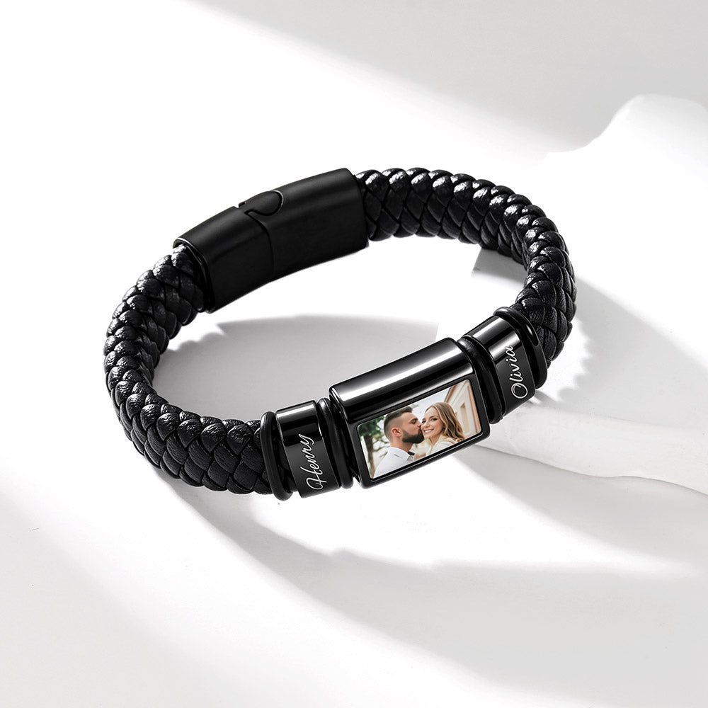 Personalized Name & Photo Braided Leather Bracelet Men