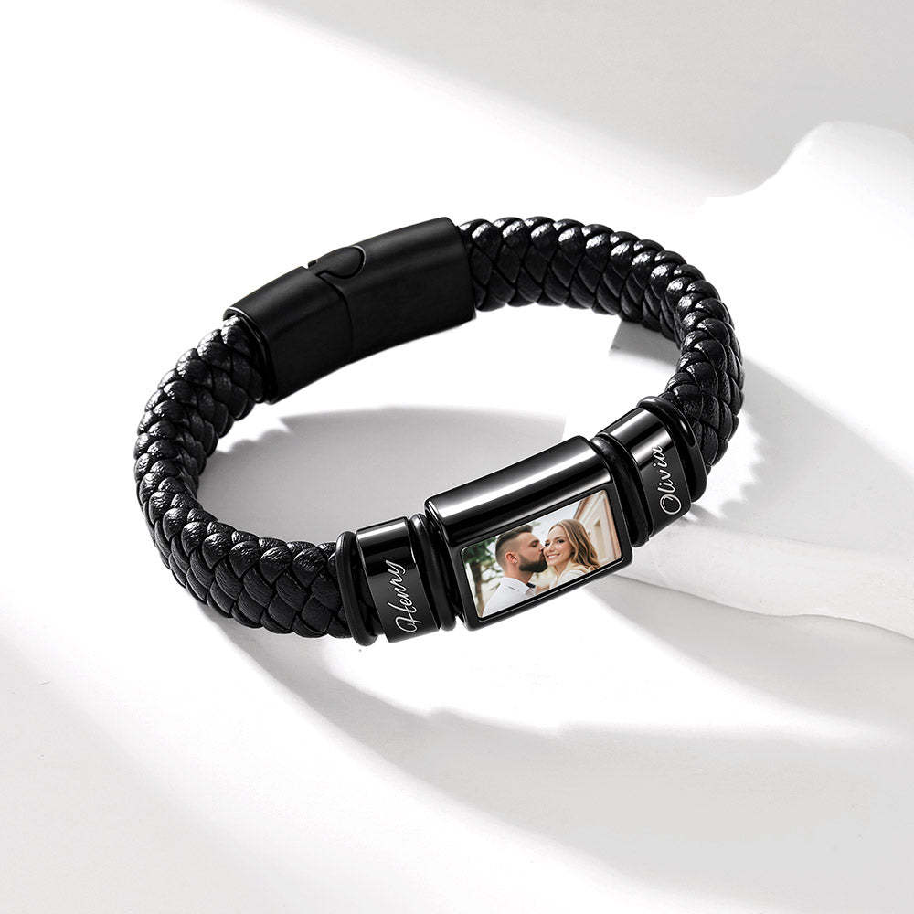 Personalized Name & Photo Braided Leather Bracelet Men