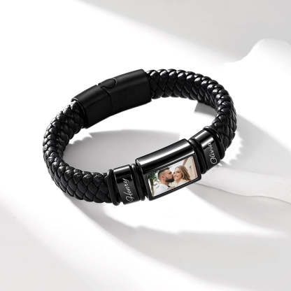 Personalized Name & Photo Braided Leather Bracelet Men