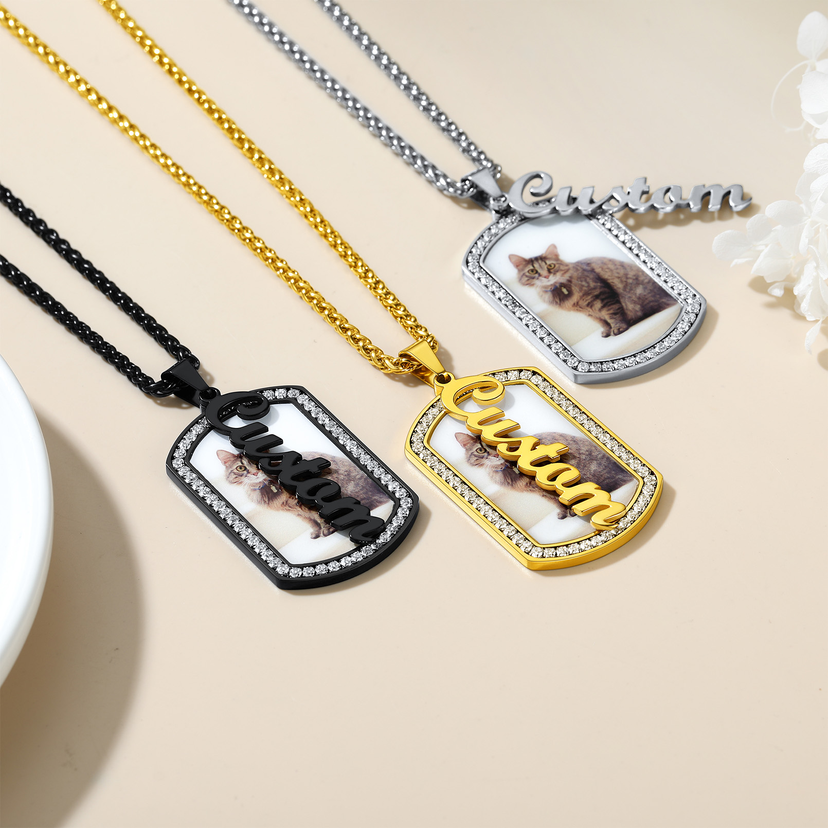 Personalized Name Picture Military Dog Tag Necklace in different colors