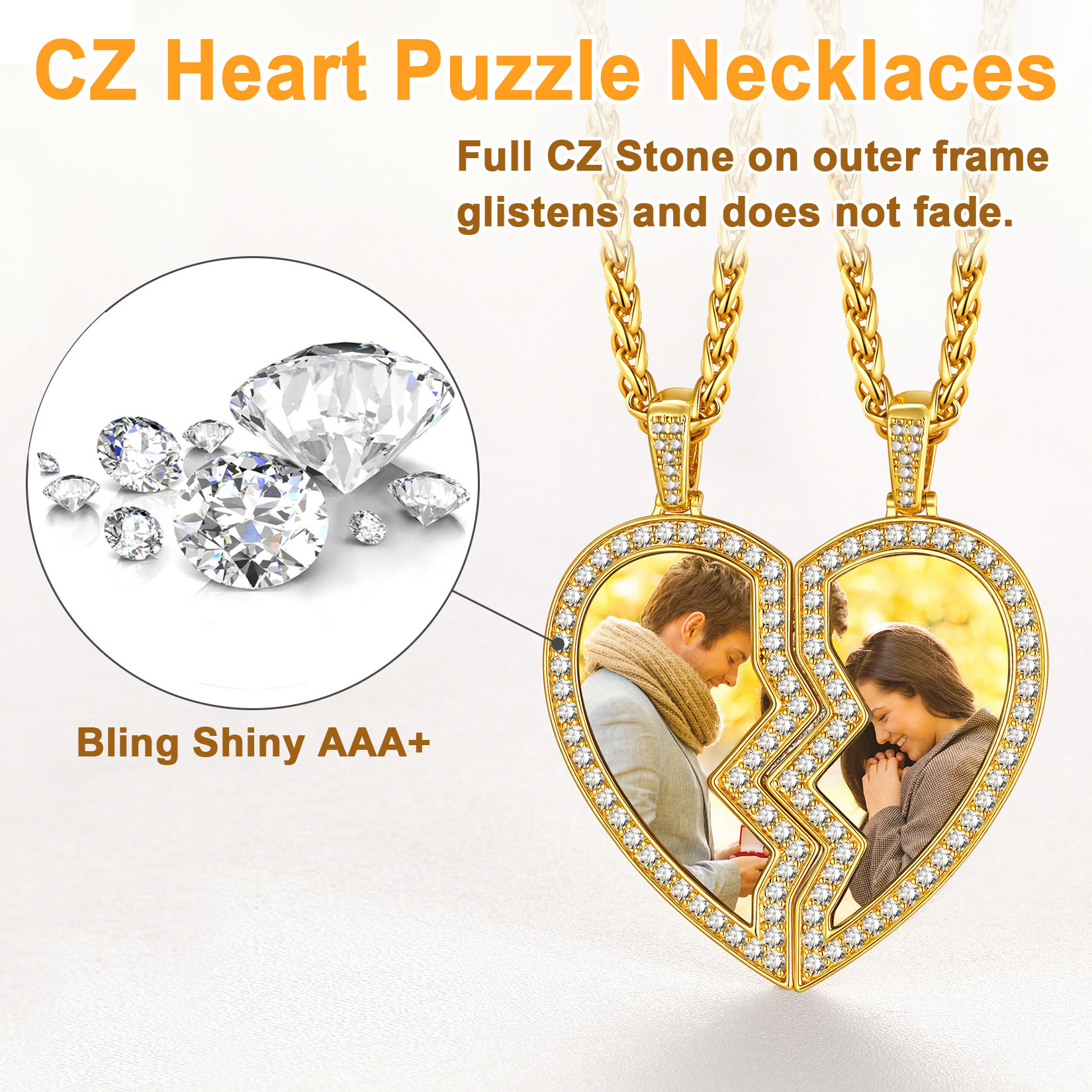 Personalized Photo CZ Heart Matching Necklace For Couple or BFF 