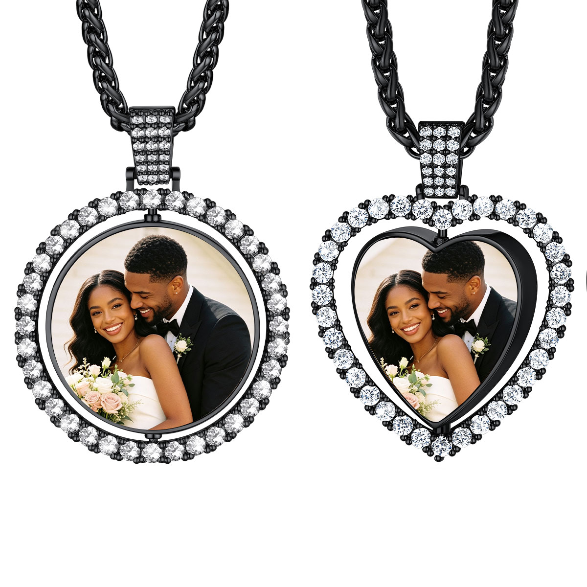 Personalized Photo Double Sided Heart Pendant Necklace Set for Women Black
