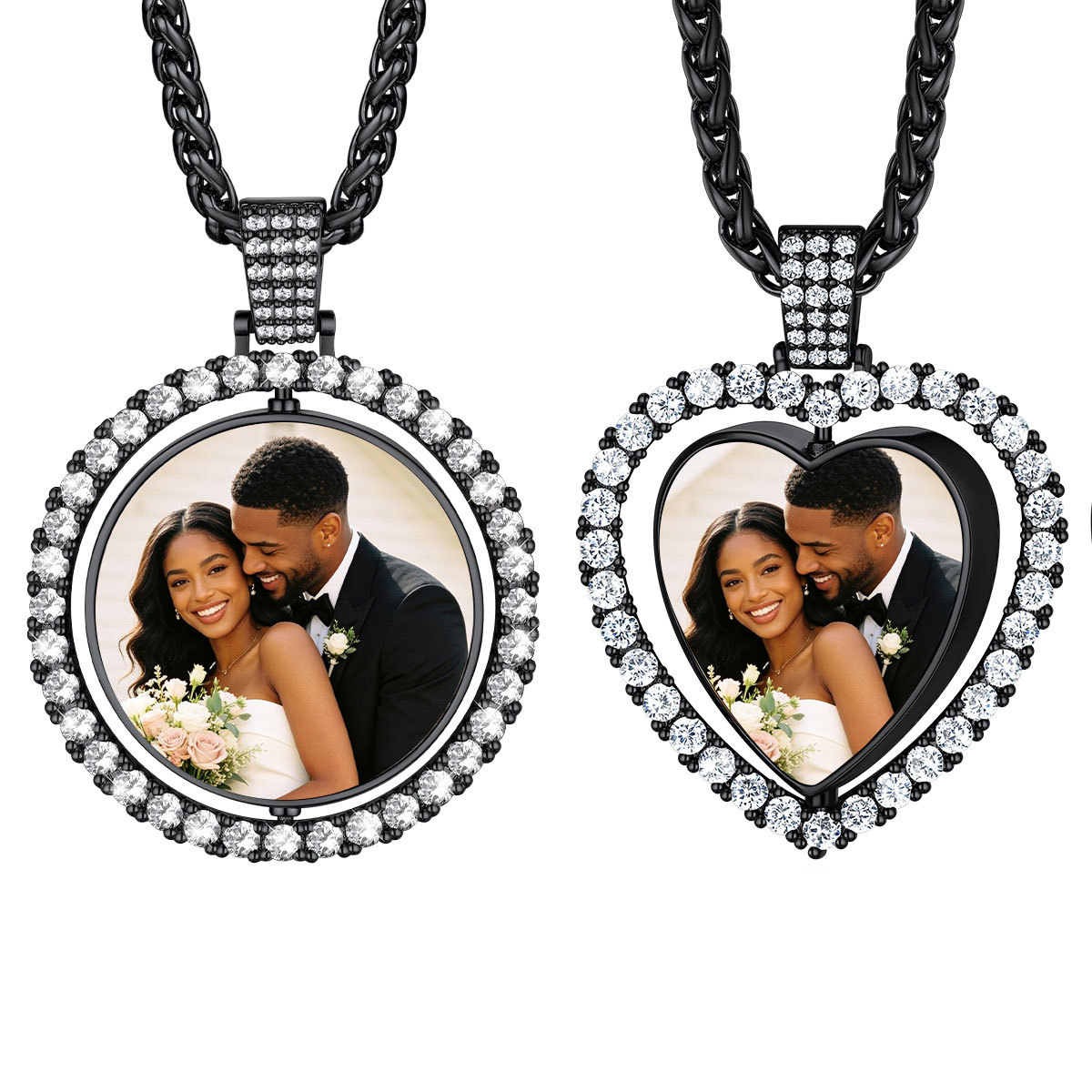 Personalized Photo Double Sided Heart Pendant Necklace Set for Women Black