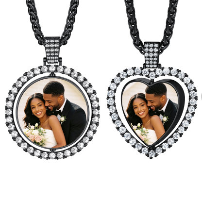 Personalized Photo Double Sided Heart Pendant Necklace Set for Women Black