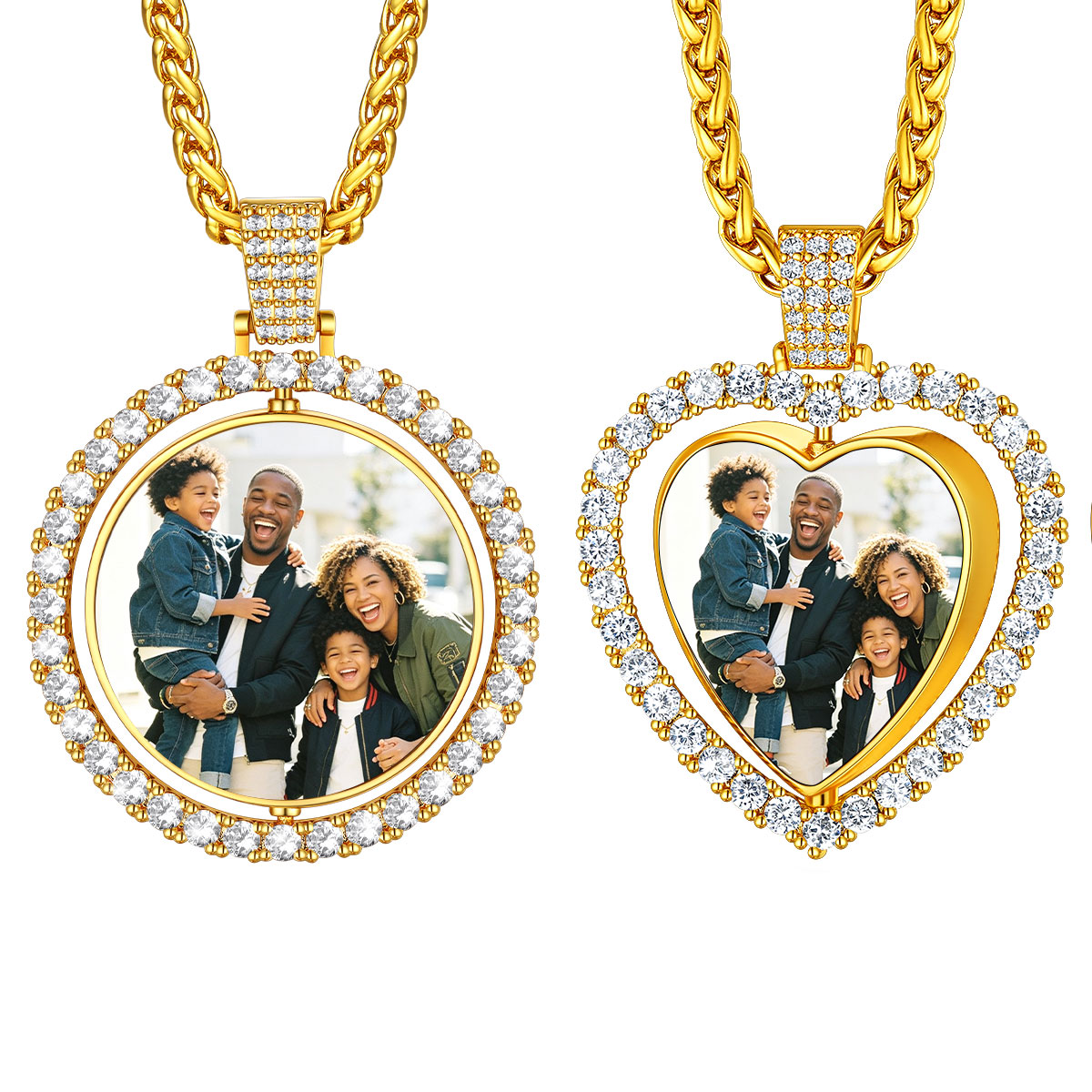 Personalized Photo Double Sided Heart Pendant Necklace Set for Women Gold