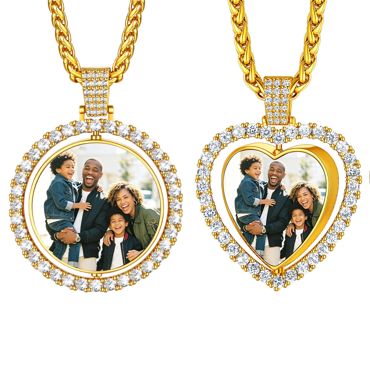 Personalized Photo Double Sided Heart Pendant Necklace Set for Women Gold