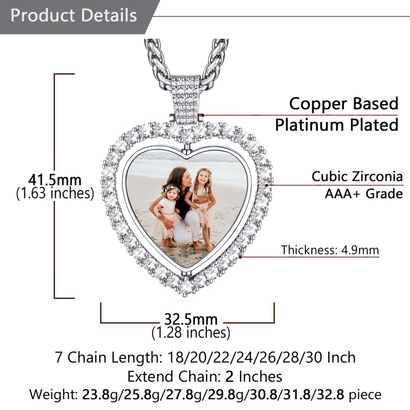 Personalized Photo Double Sided Heart Pendant Necklace Set Size