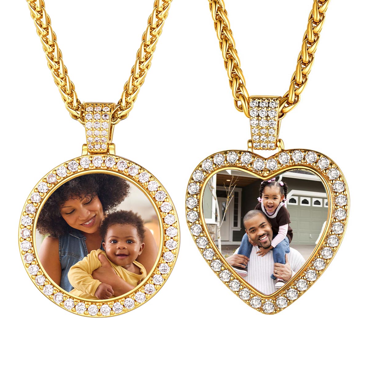 Personalized Photo & Engraved Necklace Set for Men Women Gold