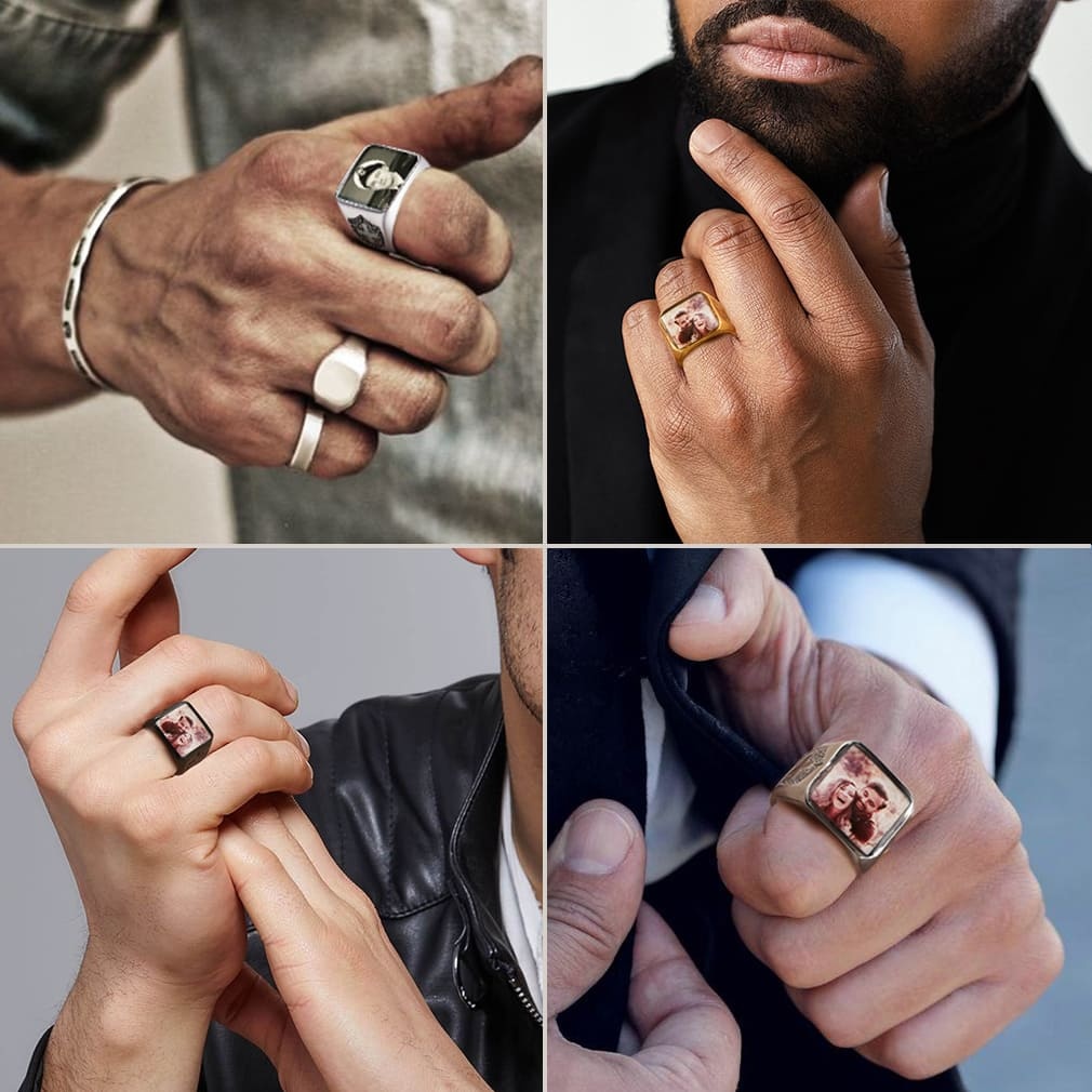 Personalized Photo Engraved Rings for Men Women model show