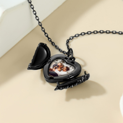Personalized Photo Heart Angel Wing Locket Necklace for Women black