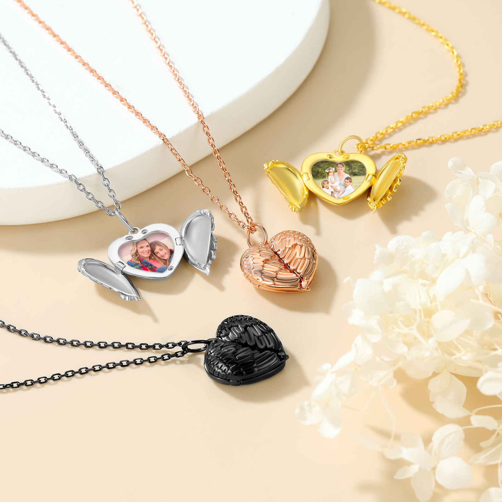 Personalized Photo Heart Angel Wing Locket Necklace for Women 4 colors