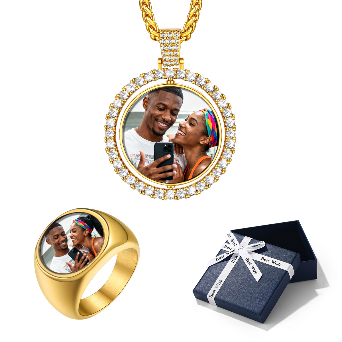 Personalized Photo Necklace & Signet Ring Gift Box Set