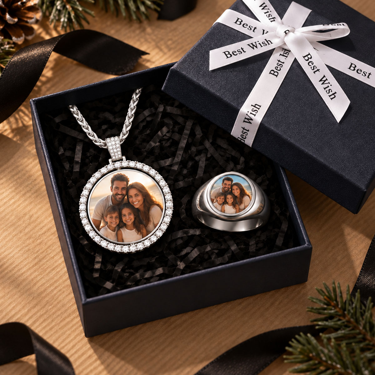 Personalized Photo Necklace & Signet Ring Gift Box Set
