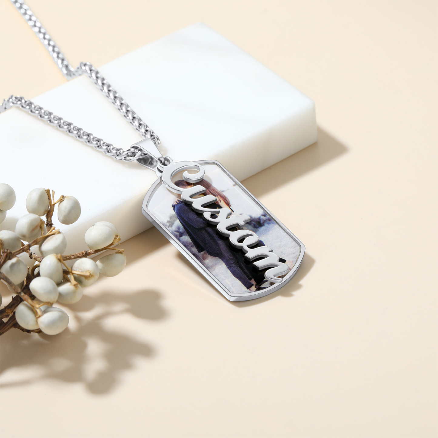 Personalized Photo Pendant Military Necklace Engraved with Name silver