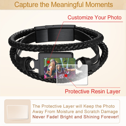 Personalized Picture Black Leather Bracelet Gift
