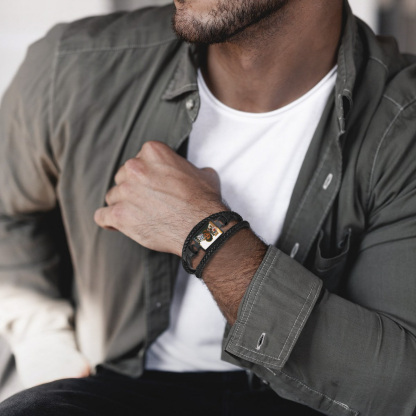 Personalized Picture Black Leather Bracelet Gift for Men