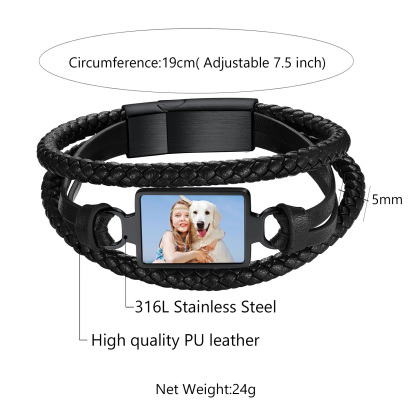 Personalized Picture Black Leather Bracelet Gift for Men size