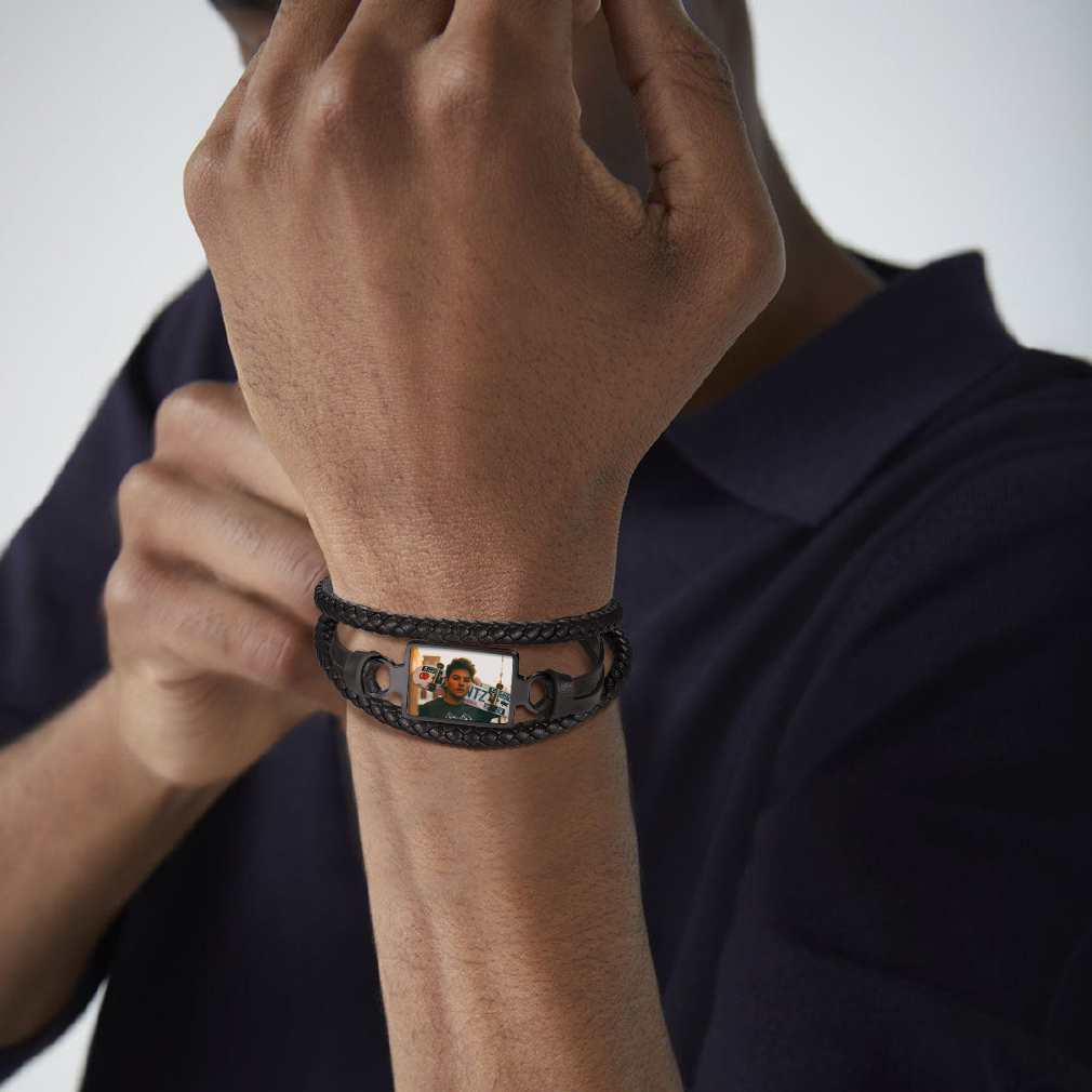 Personalized Picture Black Leather Bracelet for Men