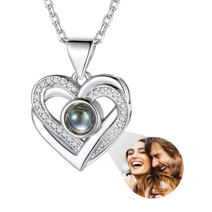 Personalized Picture Projection Heart Necklace White Gold Plated