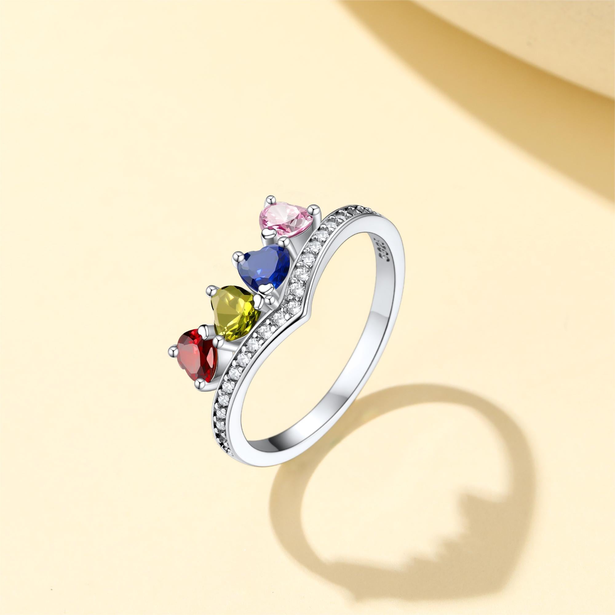 Custom Sterling Silver Heart 1-5 Birthstones Ring for Mom