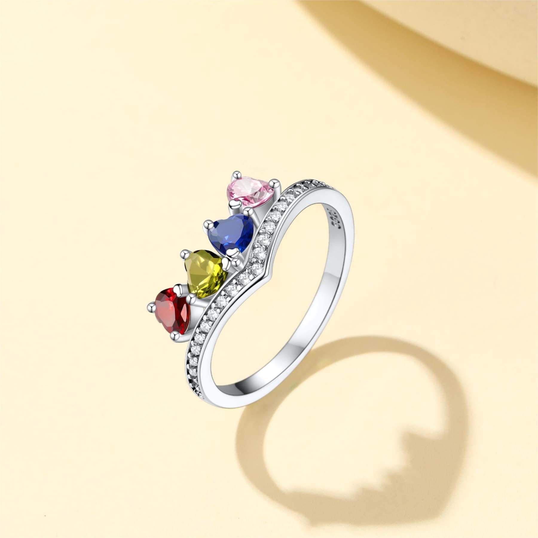 Custom Sterling Silver Heart 1-5 Birthstones Ring for Mom