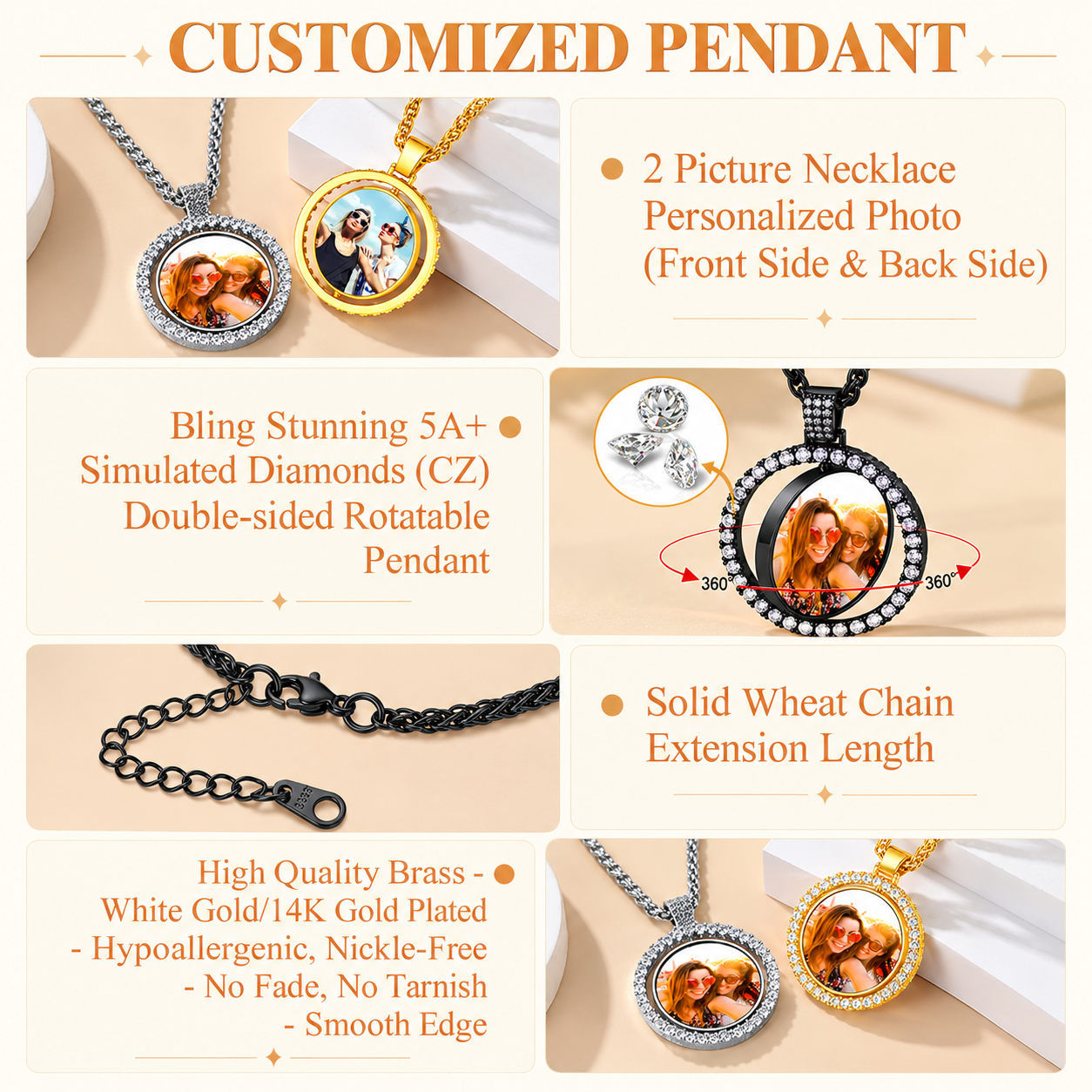 Personalized Rotatable Double Side Circle Photo Necklace for Women Men