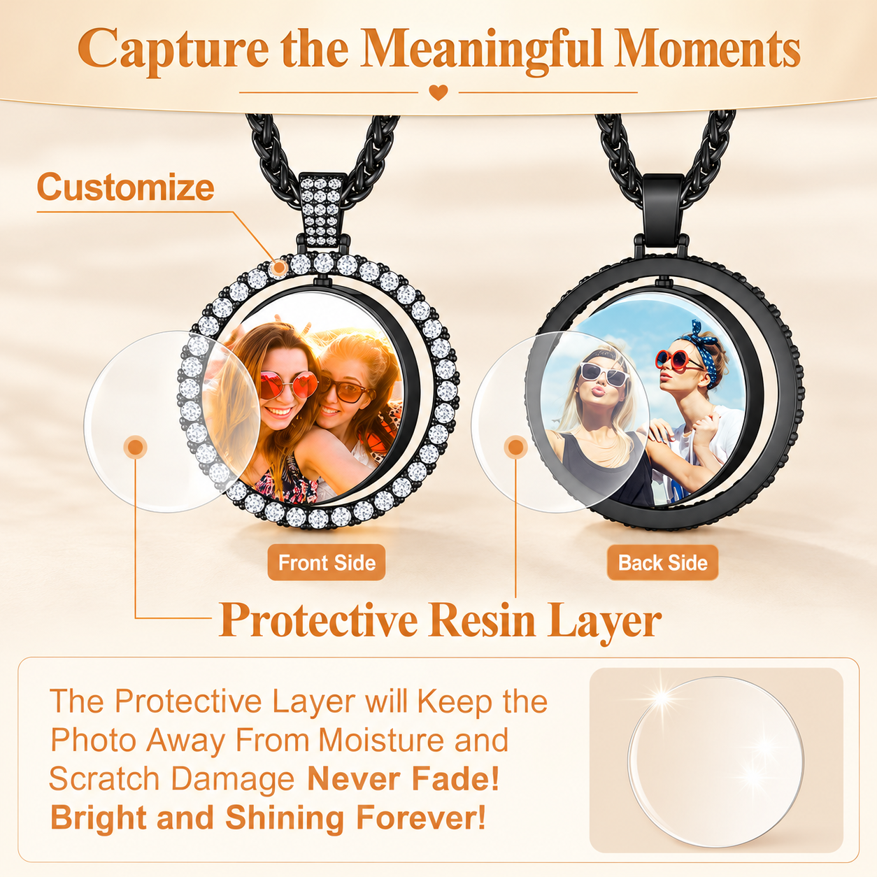 Personalized Rotatable Double Side Circle Photo Necklace for Women Men
