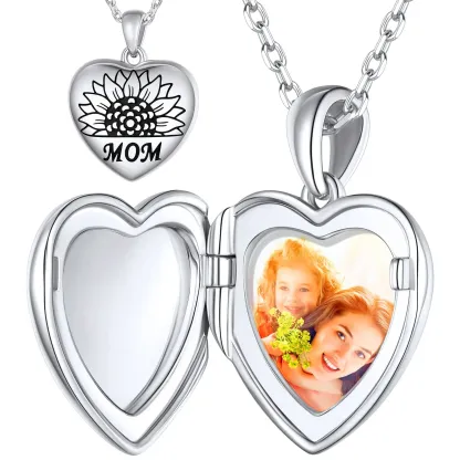 Personalized Sunflower Heart Photo Locket Necklace Sterling Silver