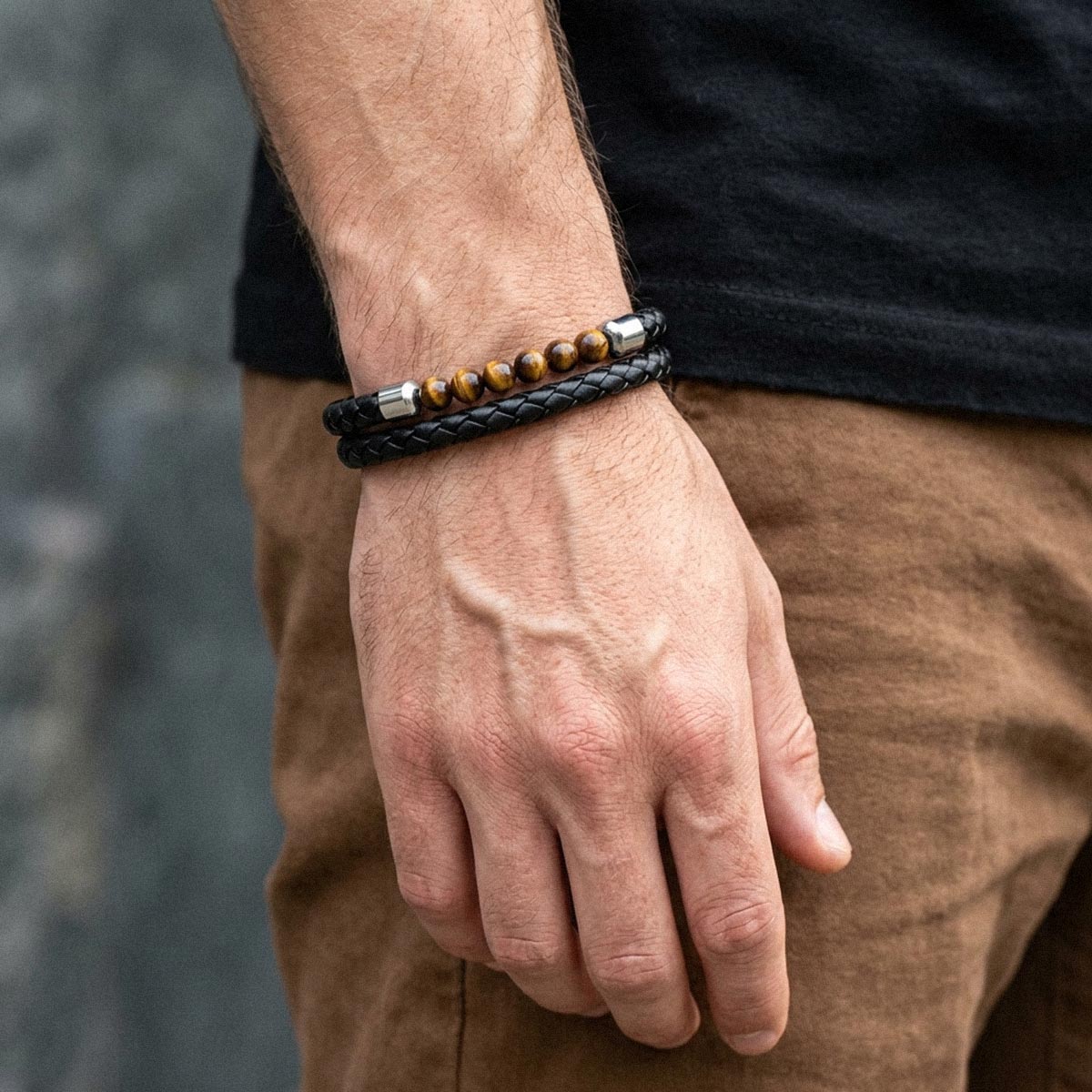 Personalized Tiger Eye Leather Bracelet with Engraved Name for dad