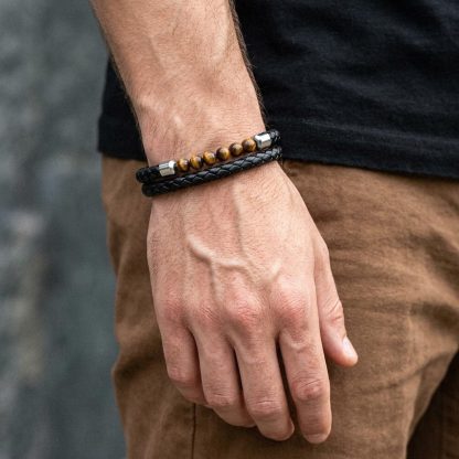 Personalized Tiger Eye Leather Bracelet with Engraved Name for dad