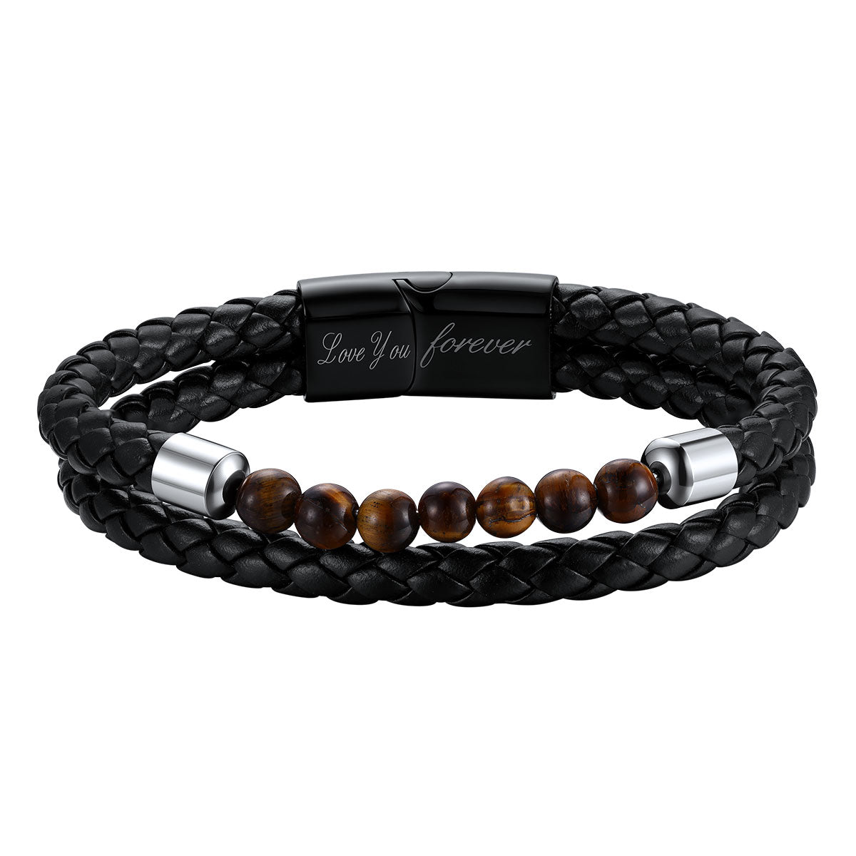 Personalized Tiger Eye Leather Bracelet with Engraved Name for men