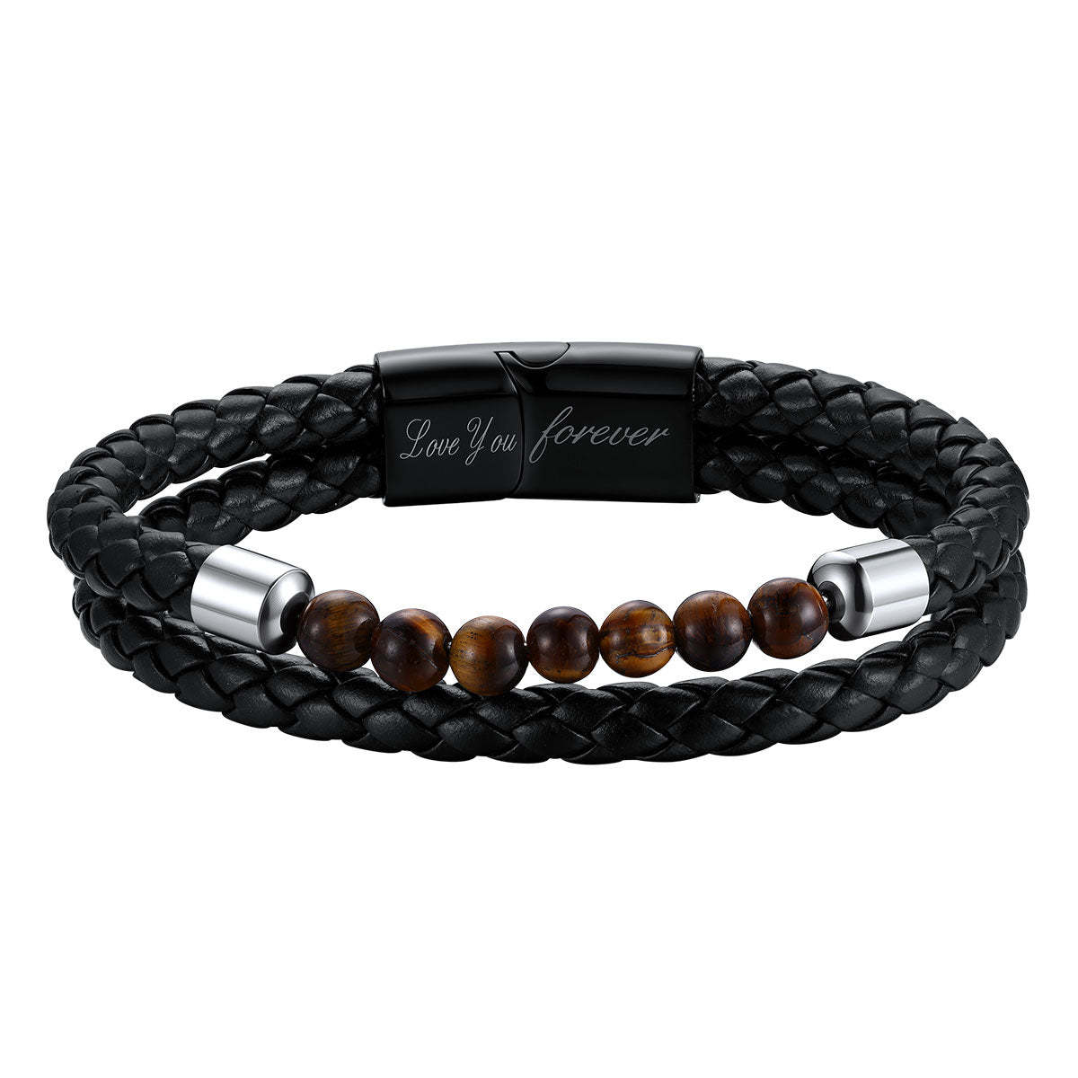 Personalized Tiger Eye Leather Bracelet with Engraved Name for men