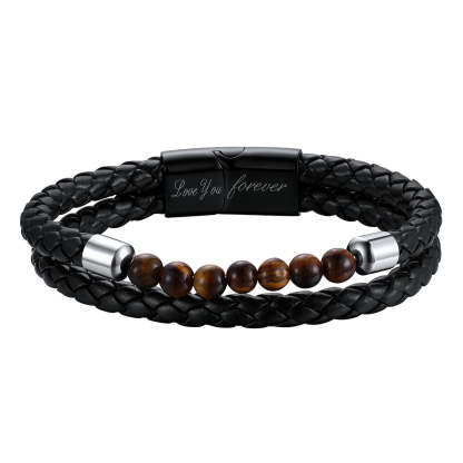Personalized Tiger Eye Leather Bracelet with Engraved Name for men